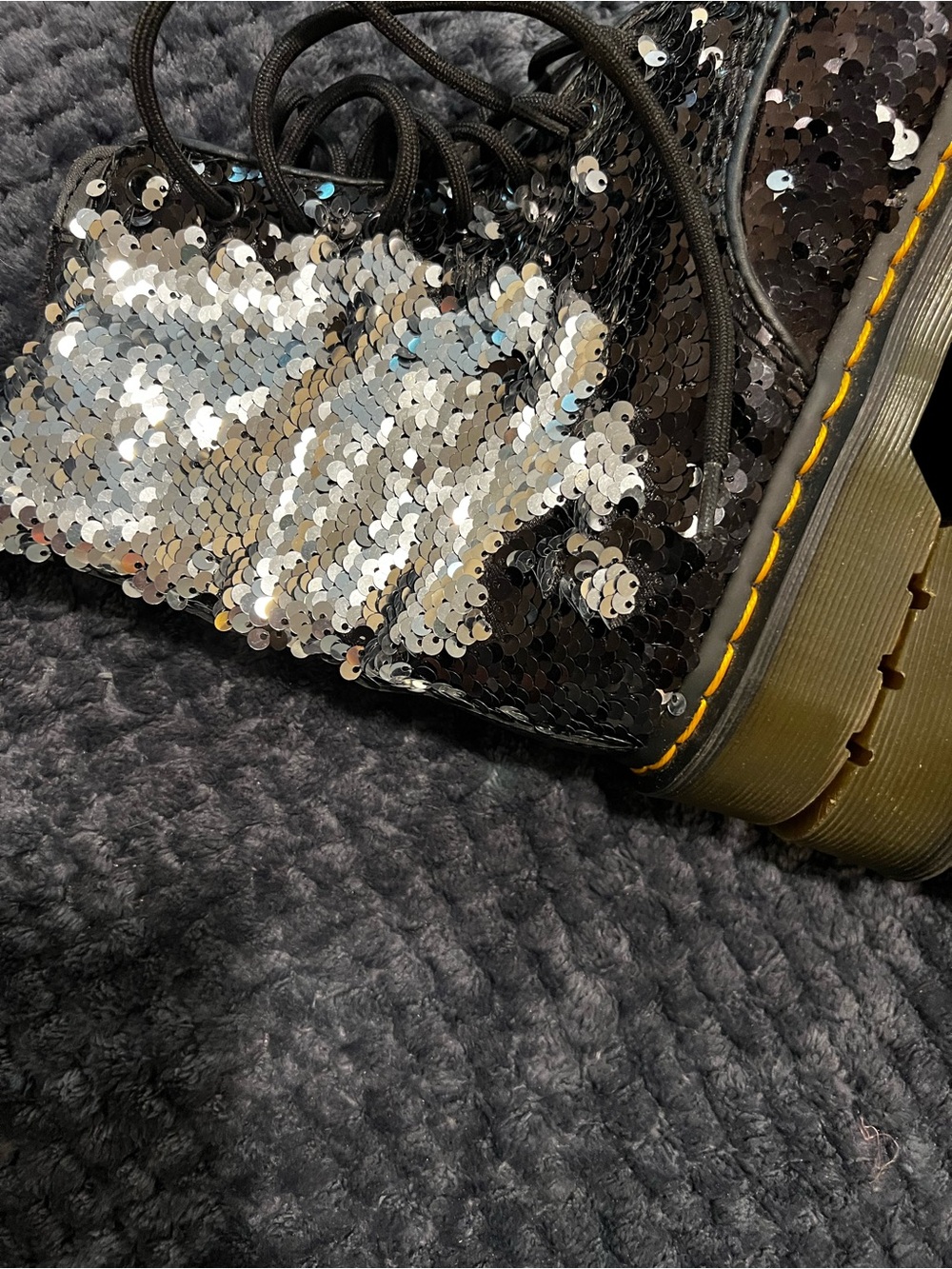 Dr. Martens Black Sequin Combat Boots with Yellow Trim - Picture 4 of 5